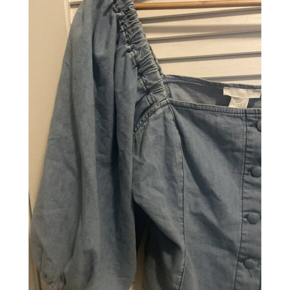 NWT H&M Off The Shoulder Blue Crop Top Chambray Denim Puff Sleeve Women's M - Picture 3 of 6
